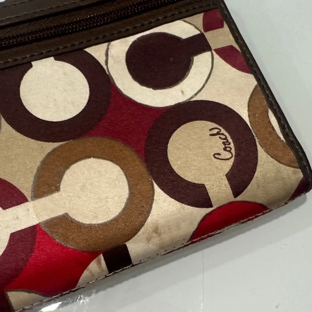 Coach Brown Multi Circle-Print Wristlet with Red Accents